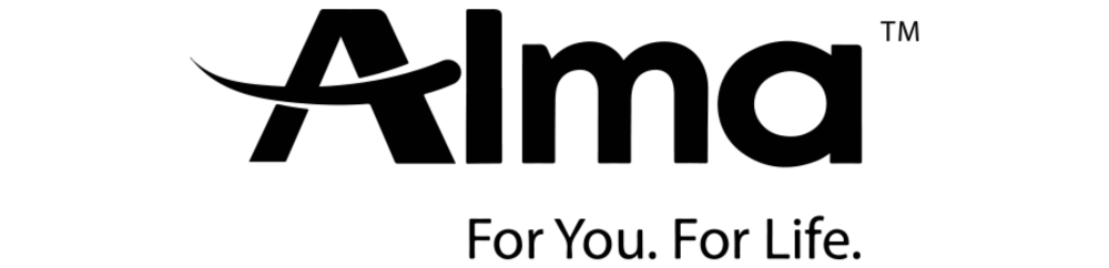 Logotipo en blanco y negro de Alma con el eslogan “For You. For Life.”, símbolo de la tecnología estética avanzada usada en Lozania Centro Estético para medicina estética facial y tratamientos no quirúrgicos de cuidado de la piel con evaluación médica personalizada.